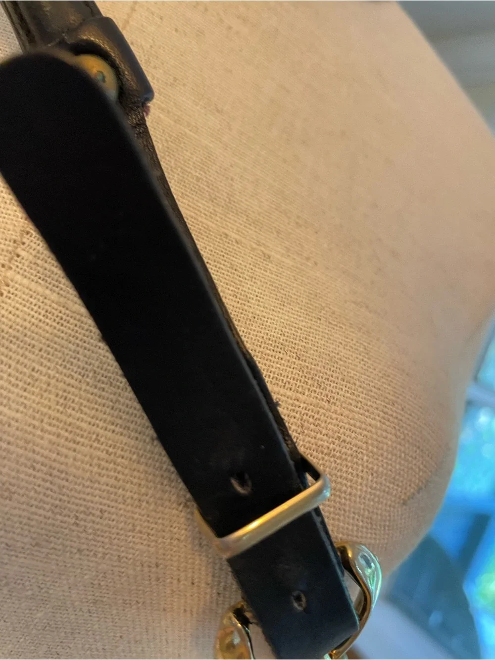 Vintage Black Leather Belt Strap with Gold-Tone Ring